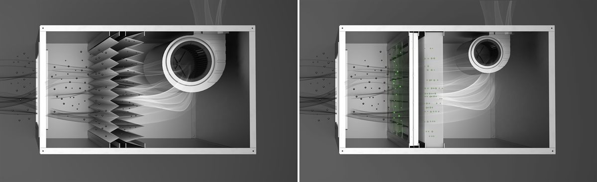 Comparaison en coupe : filtre à média plissé à gauche, E·Filter TEQOYA à droite, dans une même centrale de traitement d'air