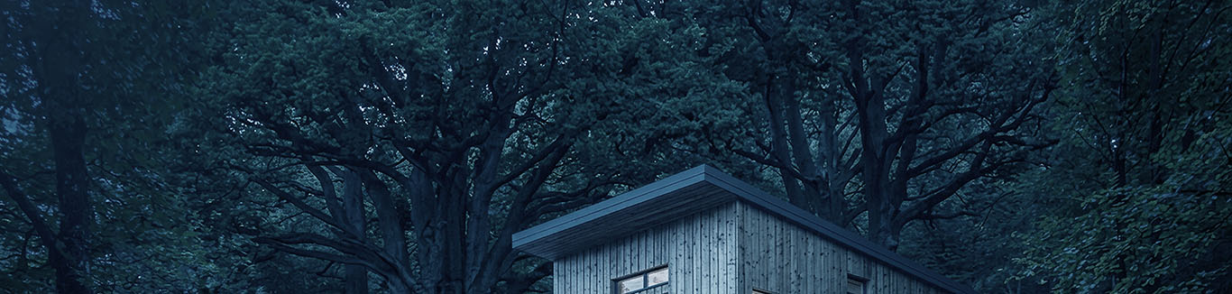 Maison à ossature bois sous de grands arbres, à la tombée du jour